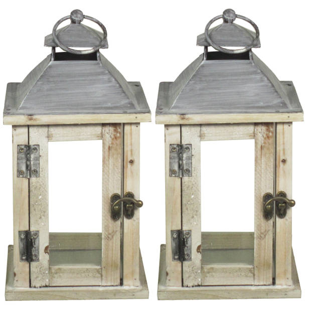 Houten lantaarn kaarshouder met deurtje whitewash/grijs 15 x 30 cm - Lantaarns