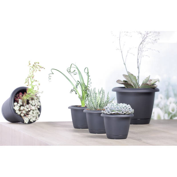 2x Stuks kunststof Respana bloempotten/plantenpotten antraciet 14 cm inclusief onderzetter - Plantenpotten