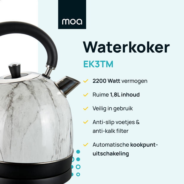 MOA Waterkoker Retro Wit Marmer 1.8 liter - Elektrisch - RVS - EK3TM