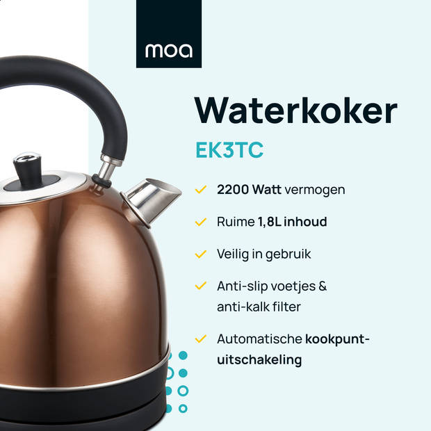 MOA Waterkoker Retro Koper 1.8 liter - Elektrisch - RVS - EK3TC