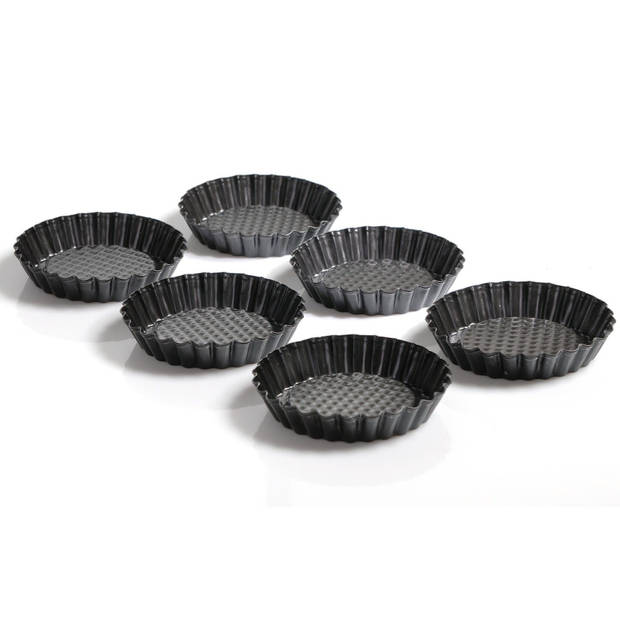 Set van 6 ronde mini taart/quiche bakvormen zwart 10 cm bakbenodigdheden - Bakringen