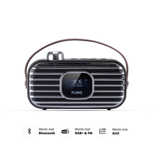 FlinQ DAB Radio - Retro Radio - DAB+/ FM Radio - Bluetooth - Oplaadbaar - Zwart