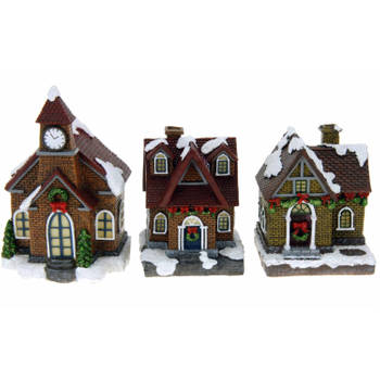 Kerstdorp huisjes set van 3x huisjes met Led verlichting 13 cm - Kerstdorpen