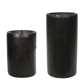 Set van 2x bamboe theelichthouders/waxinelichthouders grijs/groen 13 en 16 cm - Waxinelichtjeshouders