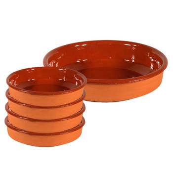 5x Terracotta hapjes/tapas borden/schalen 18 cm/40 cm - Snack en tapasschalen