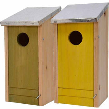 Set van een geel en groen vogelhuisje voor kleine vogels 26 cm - Vogelhuisjes