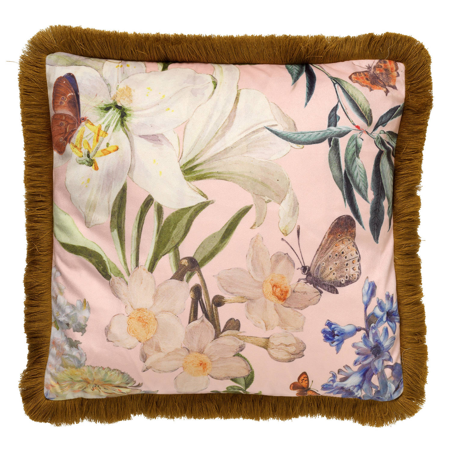 Dutch Decor - HANNA - Sierkussen velvet - 45x45 cm - Dusty Pink - roze bloemen - vlinders - franjes