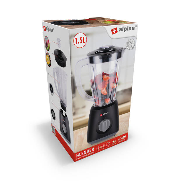 alpina Blender - 1,5 Liter - 400 Watt - Turbofunctie - Kunststof Kan - Zwart