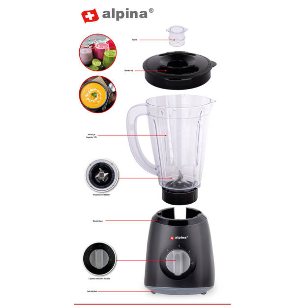 alpina Blender - 1,5 Liter - 400 Watt - Turbofunctie - Kunststof Kan - Zwart