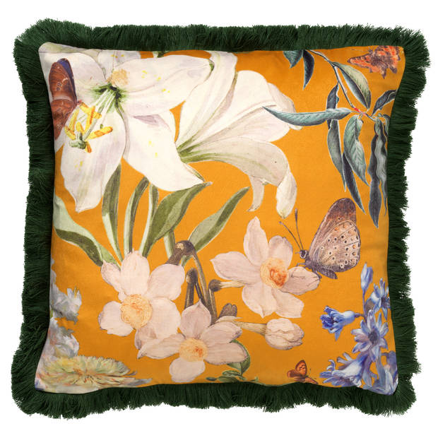 Dutch Decor - HANNA - Kussenhoes 45x45 cm - bloemen - vlinders - franjes - Golden Glow - geel