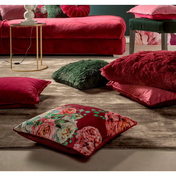 Dutch Decor - MINOU - Sierkussen 45x45 cm - velvet - bloemen - red plum - roze - rood - groen - streepjes