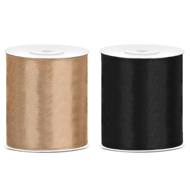 2x rollen hobby decoratie satijnlint zwart-goud 10 cm x 25 meter - Cadeaulinten