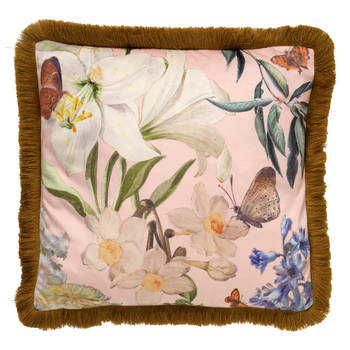 Dutch Decor - HANNA - Sierkussen 45x45 cm - bloemen - vlinders - franjes - Dusty Pink - roze