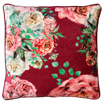 Dutch Decor - MINOU - Sierkussen 45x45 cm - velvet - bloemen - red plum - roze - rood - groen - streepjes