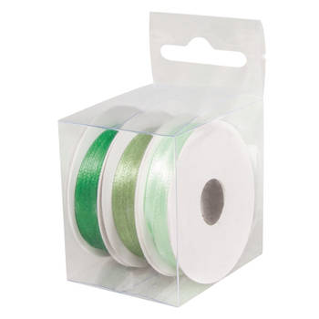 3x Rollen satijnlint kleurenmix groen rol 10 cm x 6 meter cadeaulint verpakkingsmateriaal - Cadeaulinten