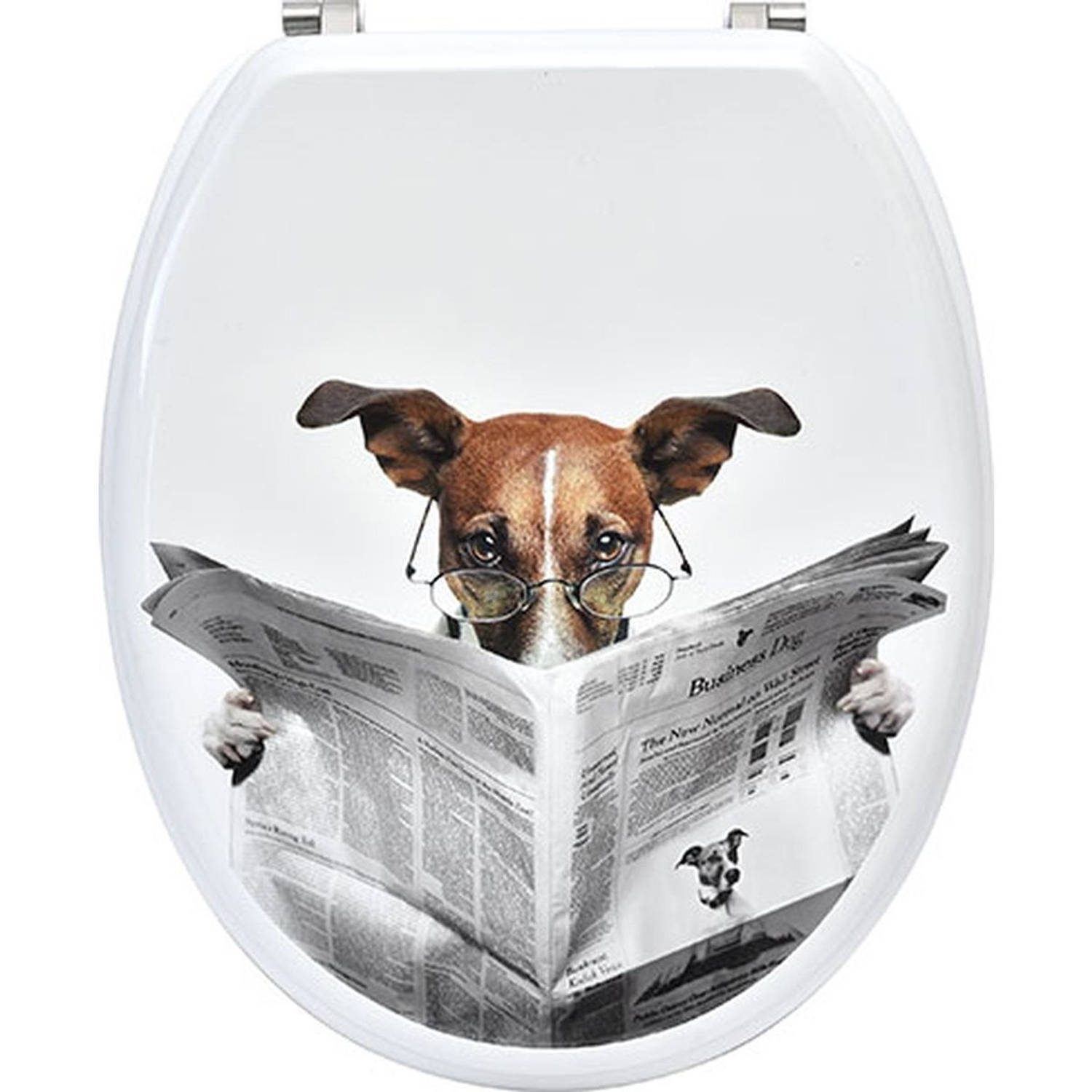 Gebor - Praktische Toiletbril Van Mdf - Wit Met Hond Leest Krant Design - 18inch - 37,5x46cm - Wc Bril -