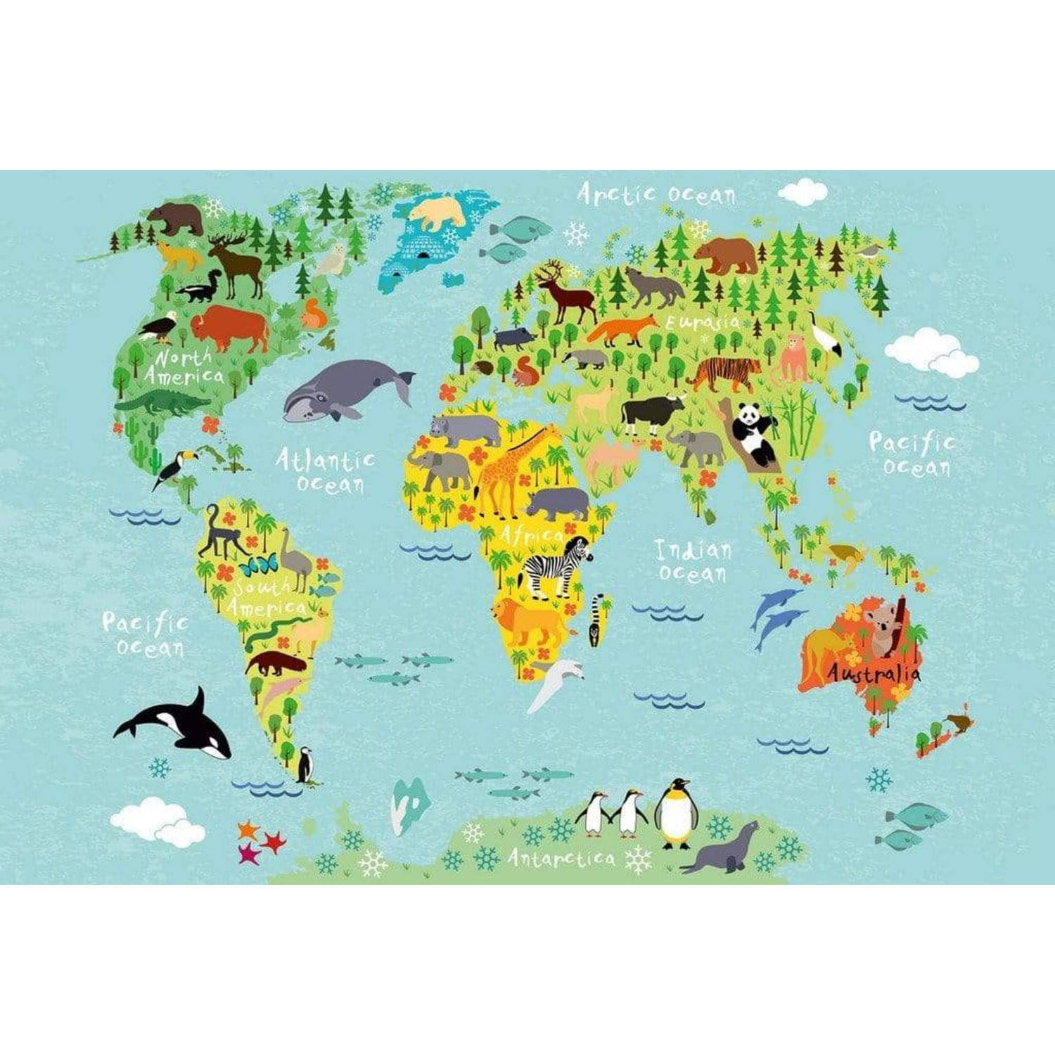 Wizard+genius Kids World Map Animals Vlies Fotobehang 384x260cm 8-banen