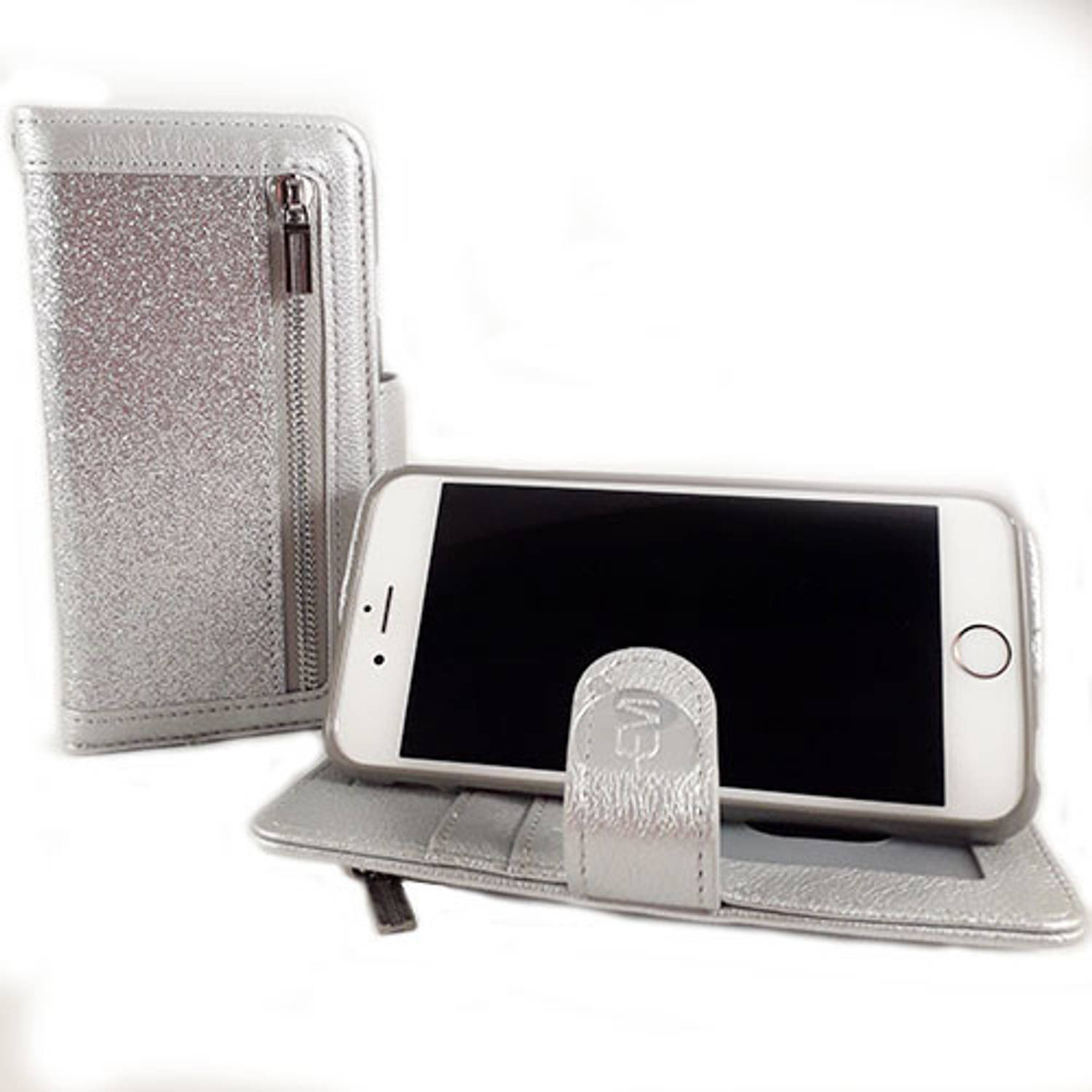 Hem Apple Iphone 12 Magic Glitter Shiny Silver- Leren Rits Portemonnee Telefoonhoesje