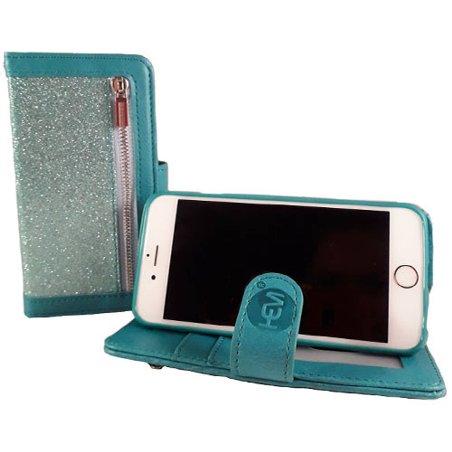 Hem Apple Iphone 12 Mini Magic Glitter Pure Turquoise Leren Rits Portemonnee Telefoonhoesje