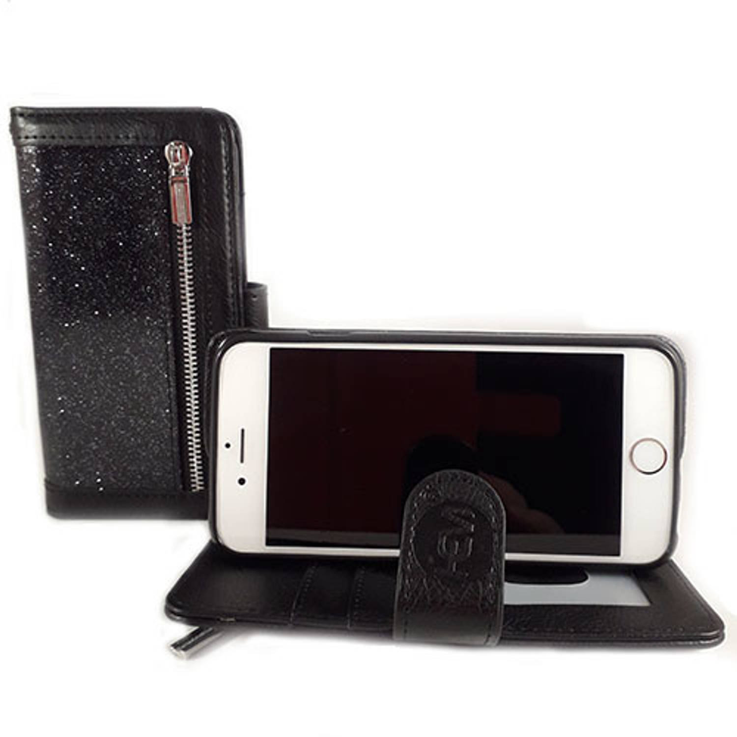 Hem Apple Iphone 12 Magic Glitter Antique Black Leren Rits Portemonnee Telefoonhoesje