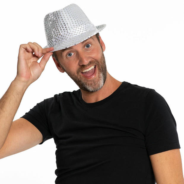 Trilby hoed met pailletten - zilver - glitter - Verkleedhoofddeksels
