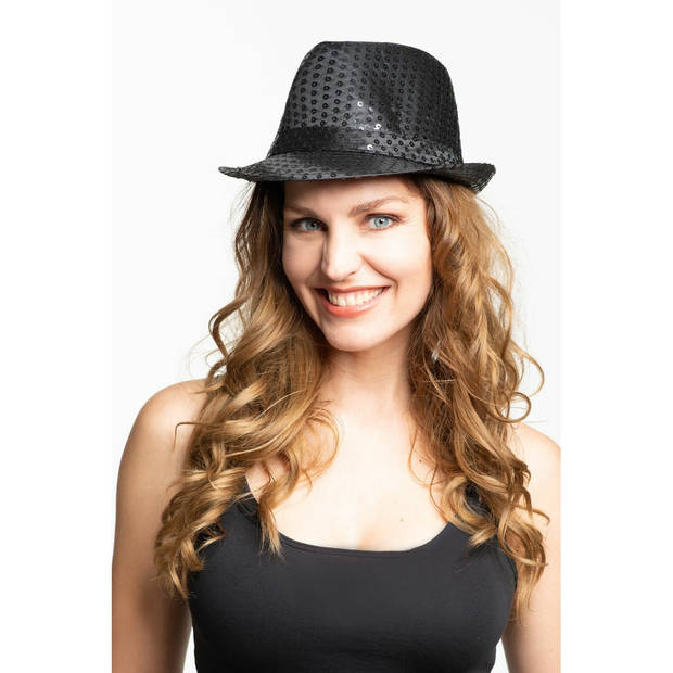 Trilby hoed met pailletten - zwart - polyester - glitter - Verkleedhoofddeksels