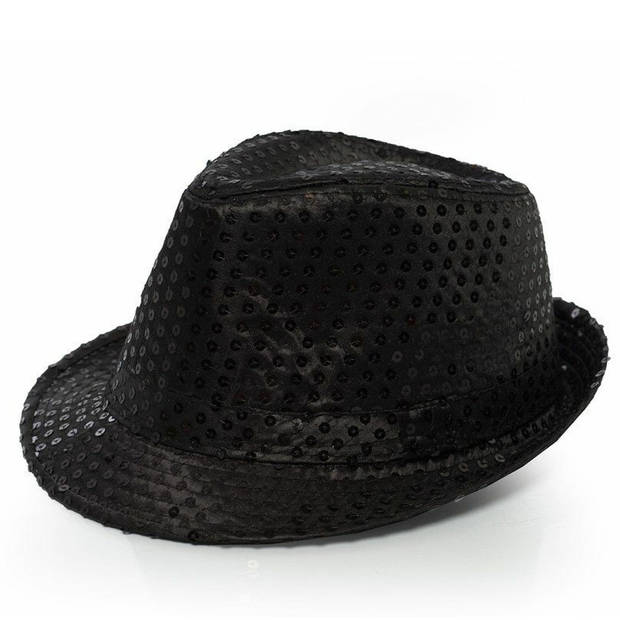 Trilby hoed met pailletten - zwart - polyester - glitter - Verkleedhoofddeksels