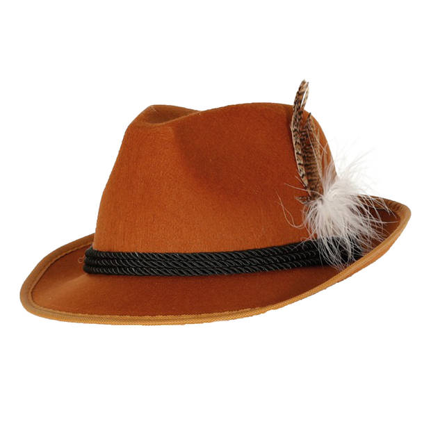 Guirca Tiroler/oktoberfest hoedje voor heren - verkleed accessoires - bruin - met veer - Verkleedhoofddeksels