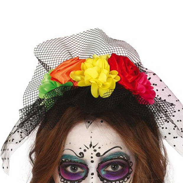 Halloween thema diadeem met bloemen en sluier - one size - zwart/kleuren - meisjes/dames - Verkleedhoofddeksels