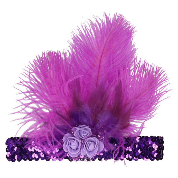 Charleston luxe hoofdband - met veren en roosjes - paars - dames - jaren 20 thema - Verkleedhaardecoratie