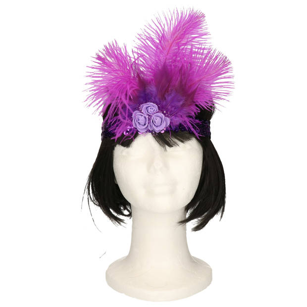 Charleston luxe hoofdband - met veren en roosjes - paars - dames - jaren 20 thema - Verkleedhaardecoratie