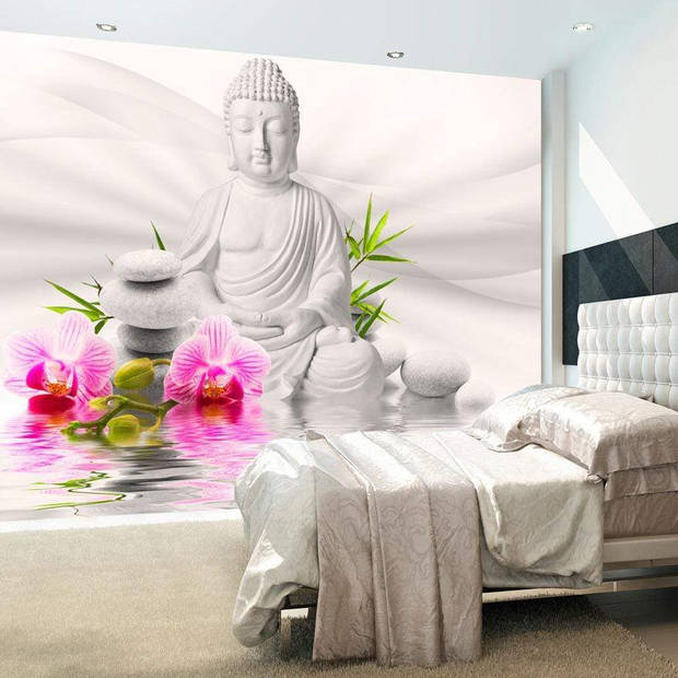Fotobehang - Buddha and Orchids 100x70cm - Vliesbehang