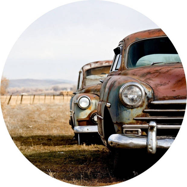 Fotobehang - Old Rusted Cars 140x140cm rond - Vliesbehang