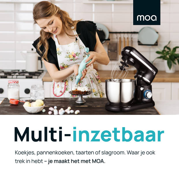 MOA Keukenmachine - Keukenrobot - Mixer met Garde, Deeghaak, Menghaak - 1000 Watt - Zwart