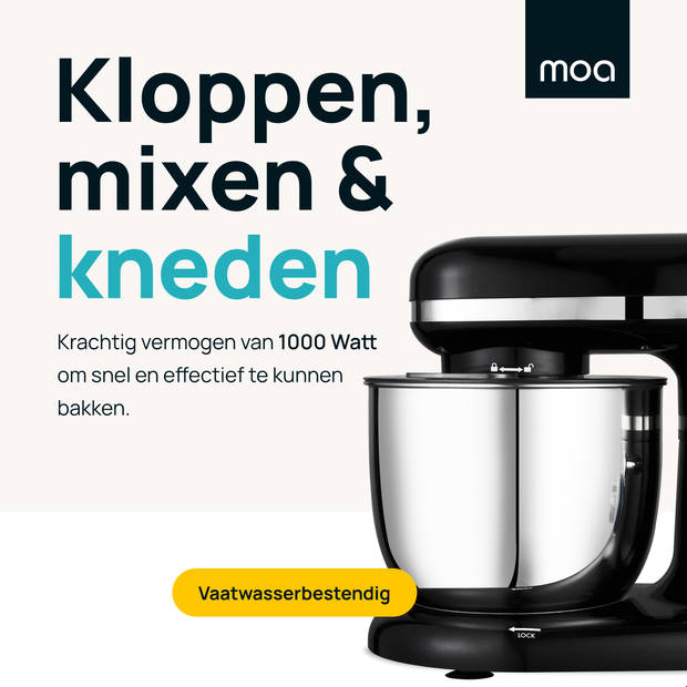 MOA Keukenmachine - Keukenrobot - Mixer met Garde, Deeghaak, Menghaak - 1000 Watt - Zwart