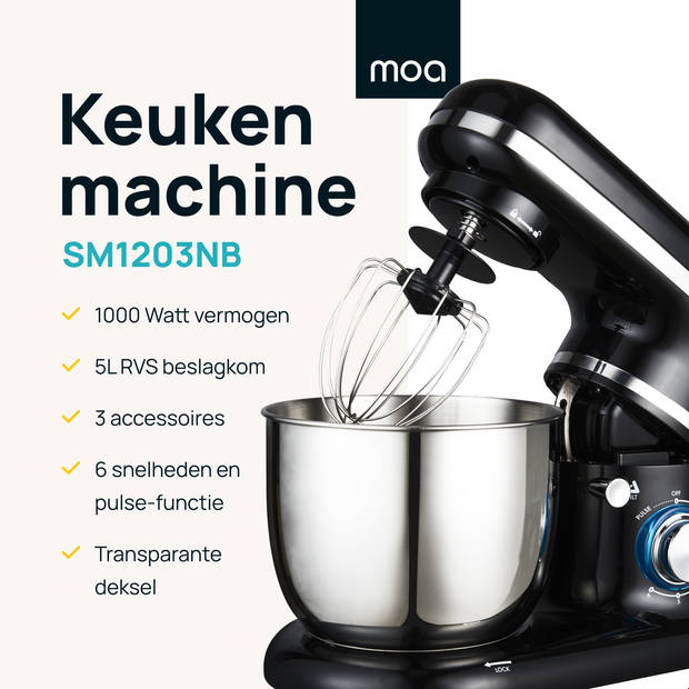 MOA Keukenmachine - Keukenrobot - Mixer met Garde, Deeghaak, Menghaak - 1000 Watt - Zwart