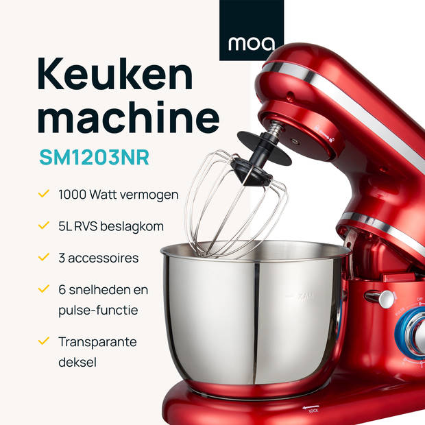 MOA Keukenmachine - Keukenrobot - Mixer met Garde, Deeghaak, Menghaak - 1000Watt - Rood
