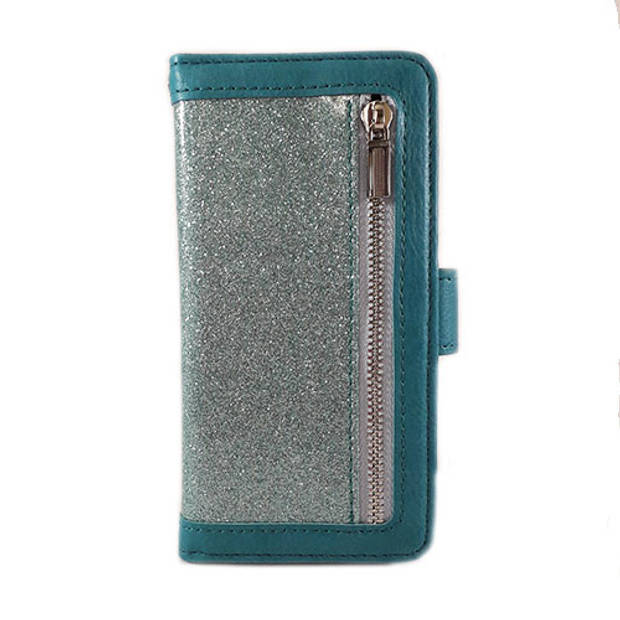 HEM Apple iPhone 12 Mini - Magic Glitter Pure Turquoise - Leren Rits Portemonnee Telefoonhoesje