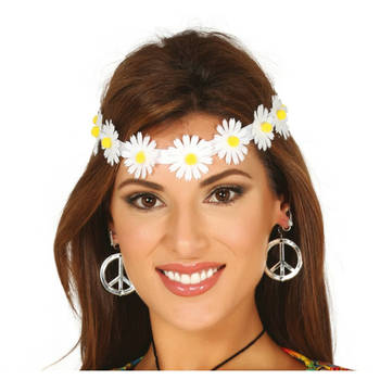 Fiestas Verkleed haarband met bloemen - wit - meisjes/dames - Hippie/flower Power - Verkleedhaardecoratie