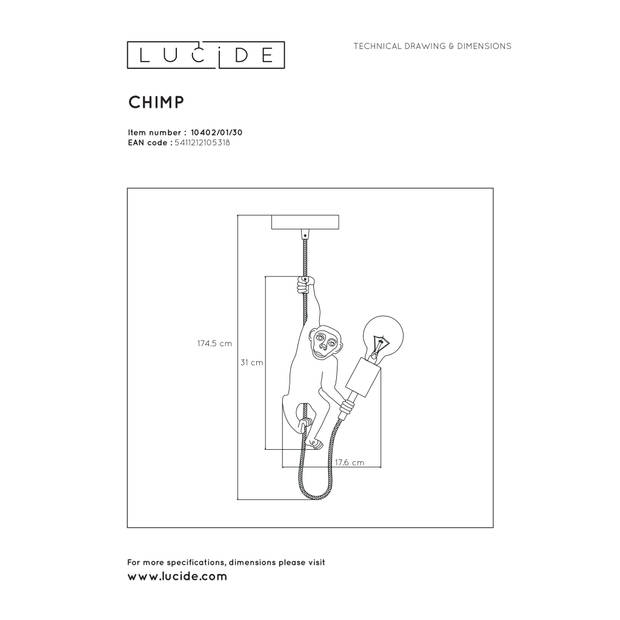 Lucide EXTRAVAGANZA CHIMP - Hanglamp - Ø 18 cm - 1xE27 - Zwart