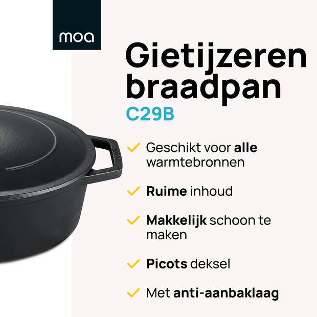 MOA Gietijzeren Braadpan 29 cm - Ovaal - met Deksel - ook voor Inductie - Zwart - C29B