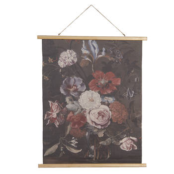 Clayre & Eef Wandkleed 80x100 cm Zwart Roze Hout Textiel Rechthoek Bloemen Wanddoek Zwart Wanddoek