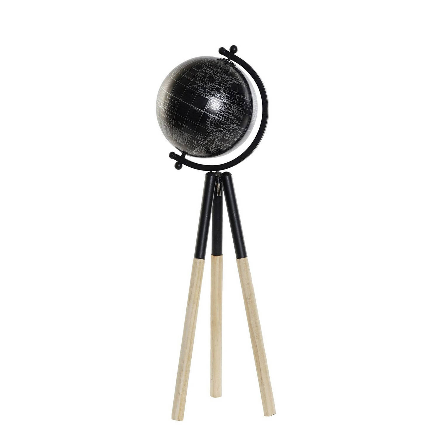 Decoratie Wereldbol-globe Zwart Metaal Op Houten Voet-standaard 18 X 60 Cm Landen-contintenten Topog