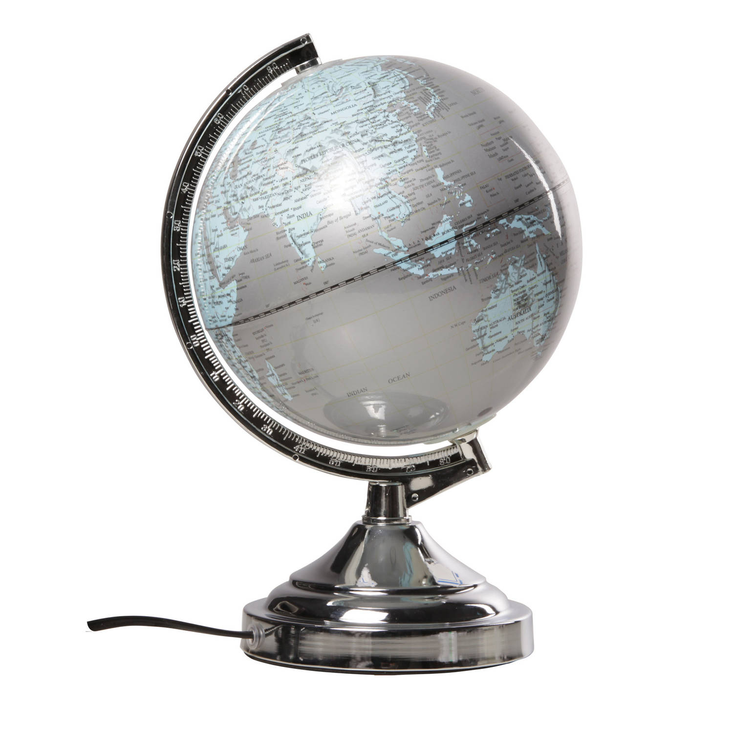 Decoratie wereldbol/globe zilver met verlichting op metalen voet 20 x 32 cm - Wereldbollen