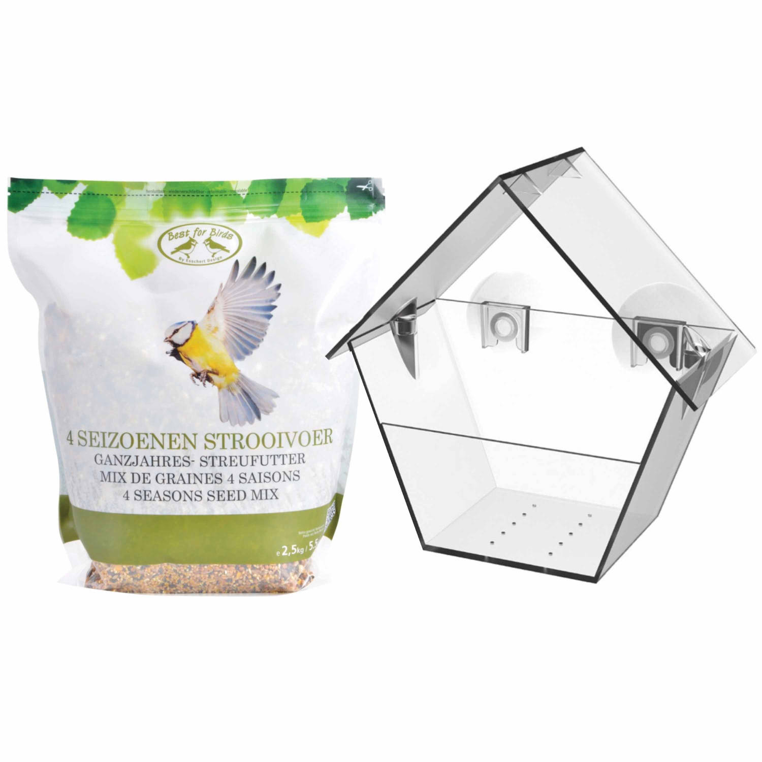 Vogel raam voedersilo transparant 15 cm met 2,5 kilo vogelvoer - Vogelvoederhuisjes