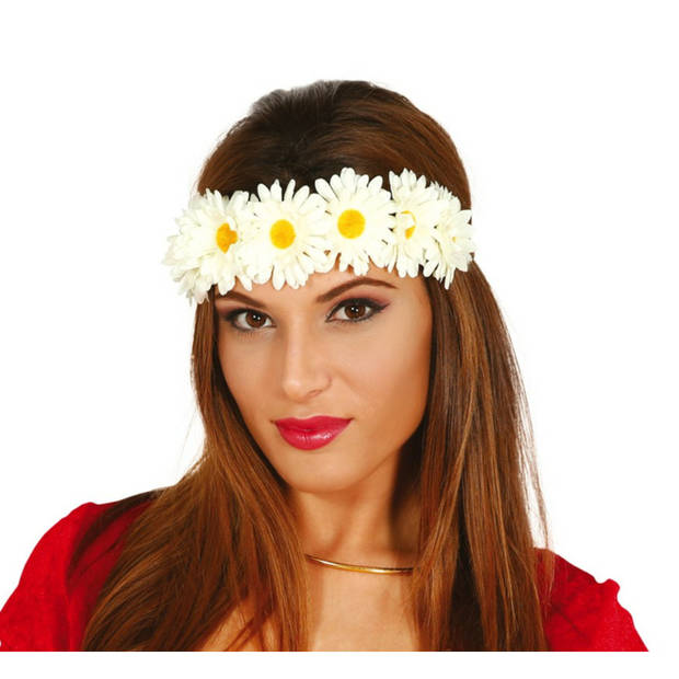 Fiestas Verkleed haarband met bloemen - wit - meisjes/dames - Hippie/flower Power - Verkleedhaardecoratie