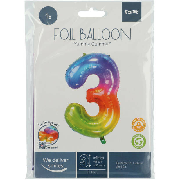 Folie ballon van cijfer 3 in het multi-color 86 cm - Ballonnen