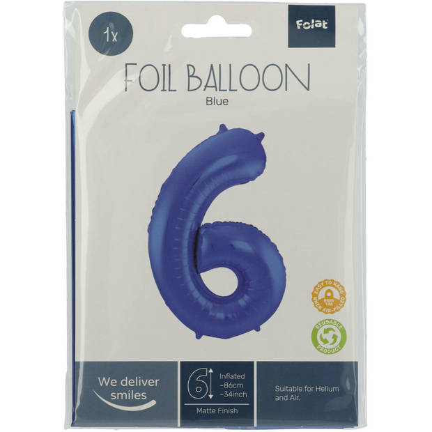 Folie ballon van cijfer 6 in het blauw 86 cm - Ballonnen