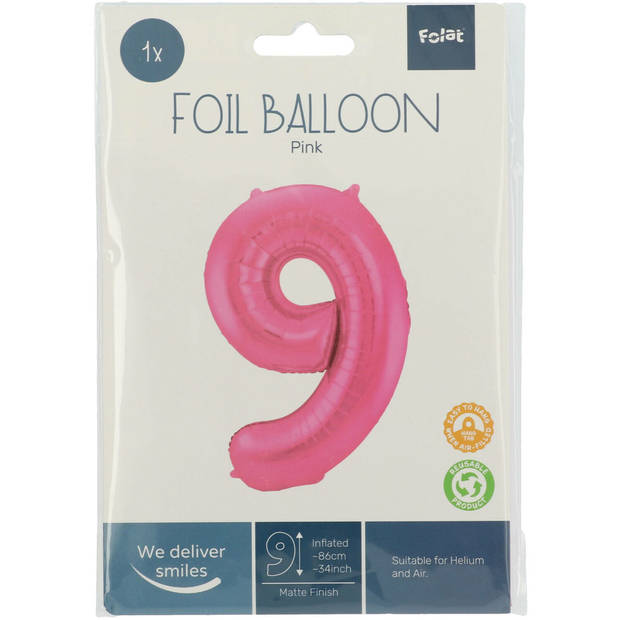 Folie ballon van cijfer 9 in het roze 86 cm - Ballonnen