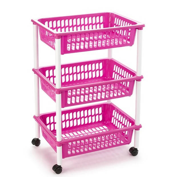 Opberg trolley/roltafel/organizer met 3 manden 40 x 30 x 61,5 cm wit/roze - Opberg trolley